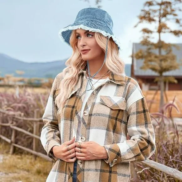 Denim Frayed Cowboy Bucket Hat Wide Brim Blue Jean Style Brand New !! - Picture 2 of 4